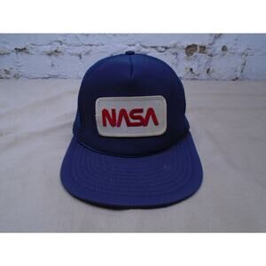 Vintage NASA Patch Trucker Mesh Hat SnapBack Navy Blue Patch Logo Space
